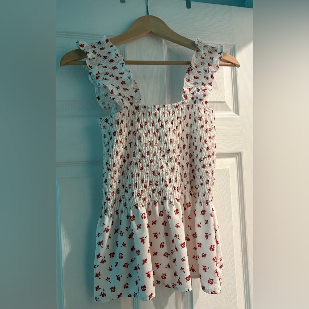 White and Red Floral Smocked Blouse
